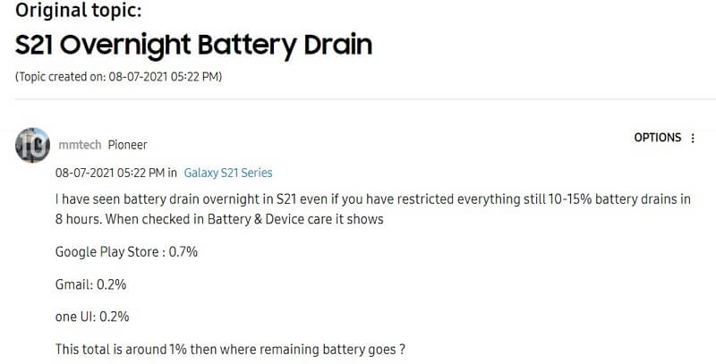 Samsung Galaxy S21 - overnight battery draining issue on Samsung community
