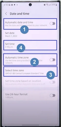 Date and time settings in Samsung Galaxy S21