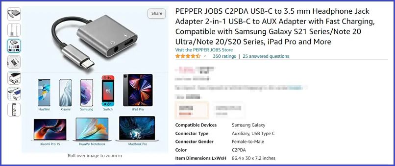 PEPPER JOBS C2PDA USB-C to AUX adapter