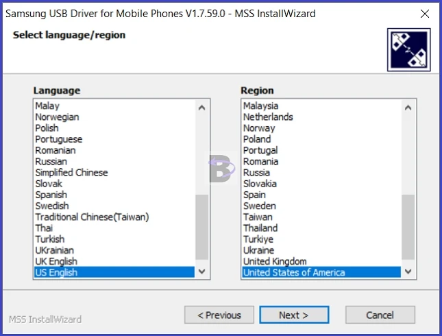 Samsung USB Driver - Select language region