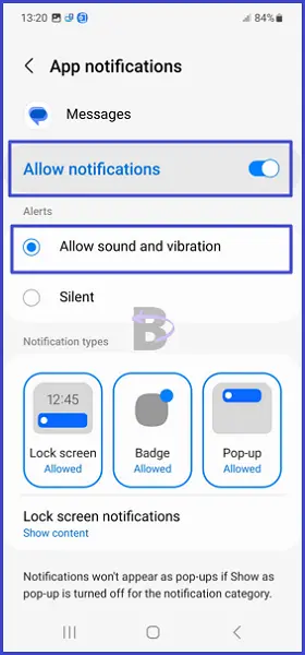 Allow sound and vibration for messages app