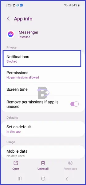 App notification setting for Messenger