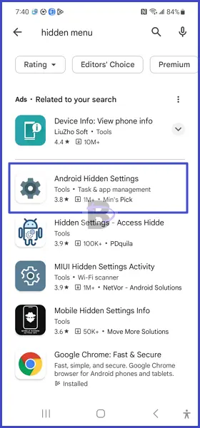 Android hidden settings app on playstore