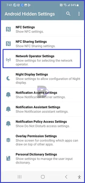 Network operator settings in android hidden settings