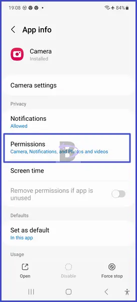 Camera app permissions