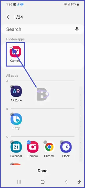 Remove the camera app from hidden apps list galaxy s20