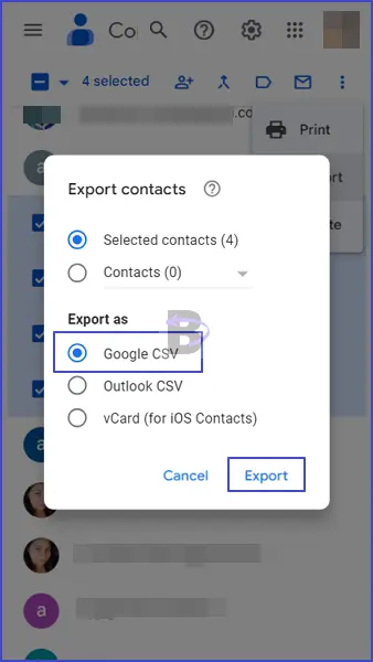 Export google contacts as google csv file