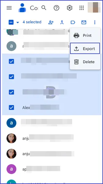 Export selected google contacts