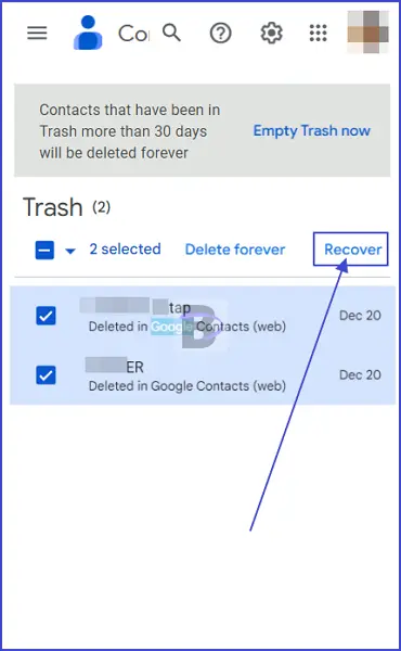 Recover contacts from google contacts trash