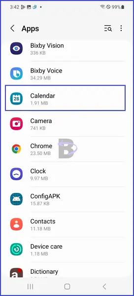 Samsung calendar app in device app list