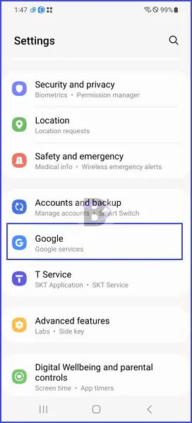 Google in settings