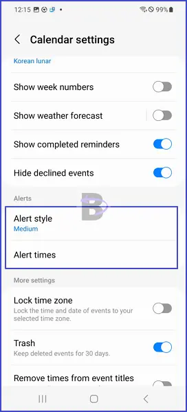 Samsung calendar alert settings